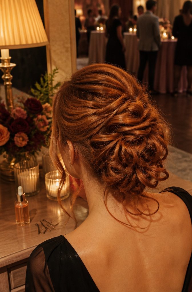 Copper updo with pinned curls and loose tendrils beside the face