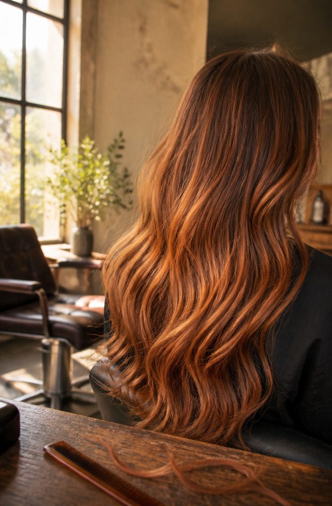 Hair in muted copper with brown and gold tones