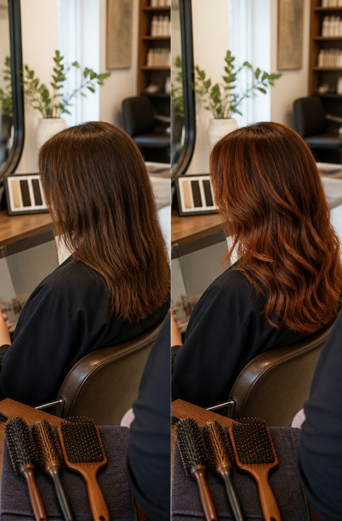 Hair showing a natural-looking blend of copper and brown