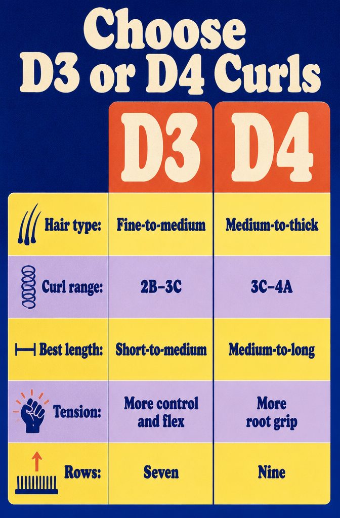Beauty graphic titled Choose D3 or D4 Curls
