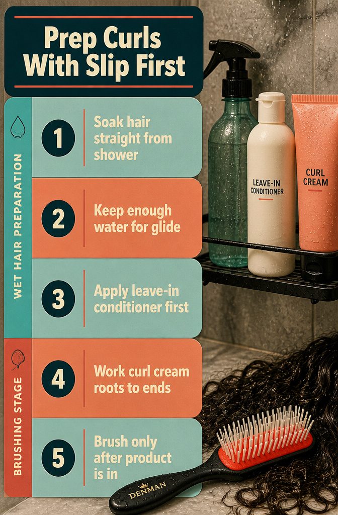 Beauty graphic titled Prep Curls With Slip First