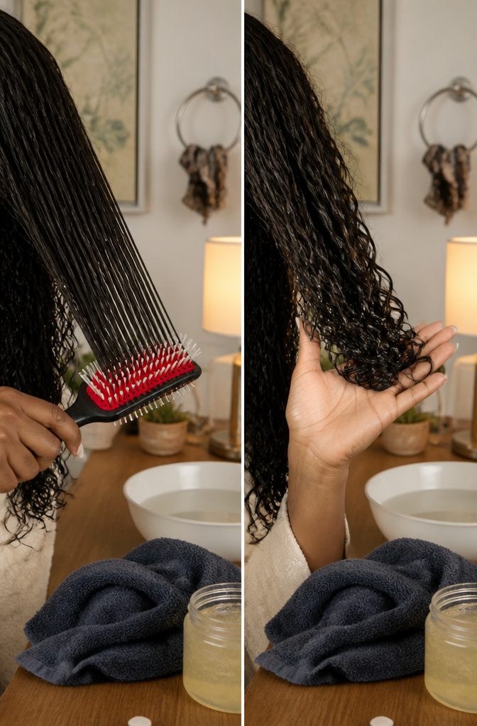 Hand scrunching damp curly hair upward after brushing