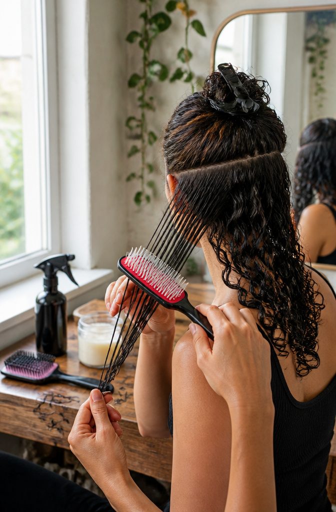 Denman styling brush moving through wet curly hair coated with hair product