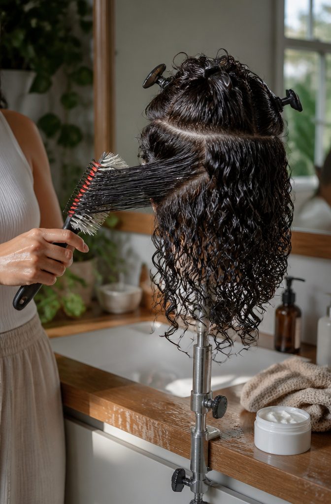 Damp curly hair divided into horizontal layers as a Denman brush pulls a section outward