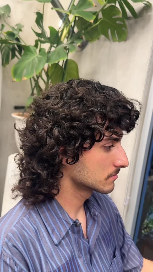 Man with medium-length dark brown curly hair in a layered shag haircut style.