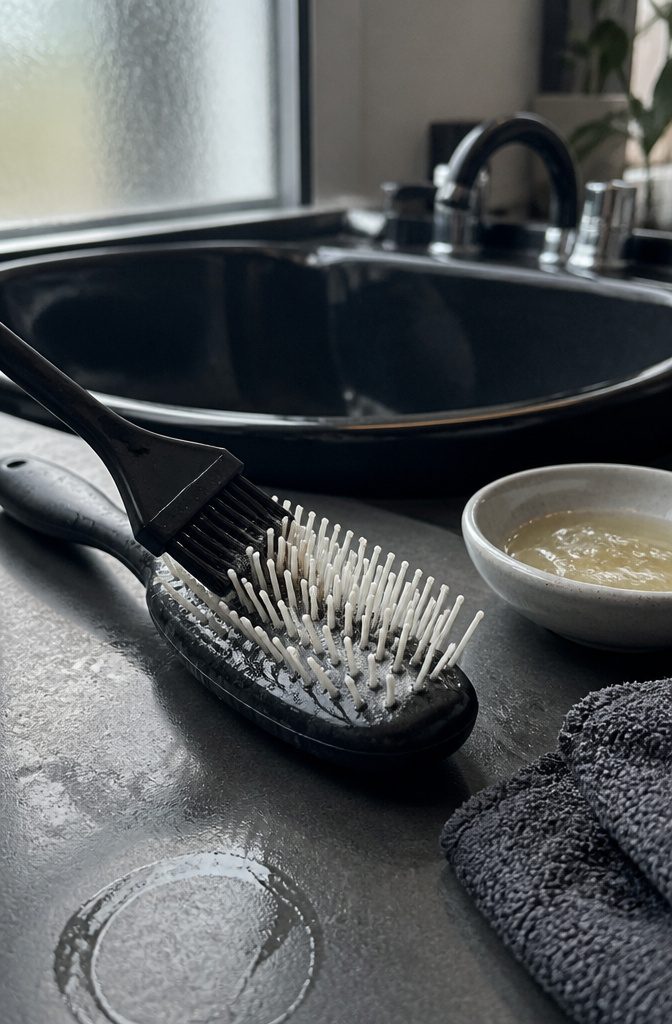 Wet Denman brush cleaned with a soft tint brush over a sink