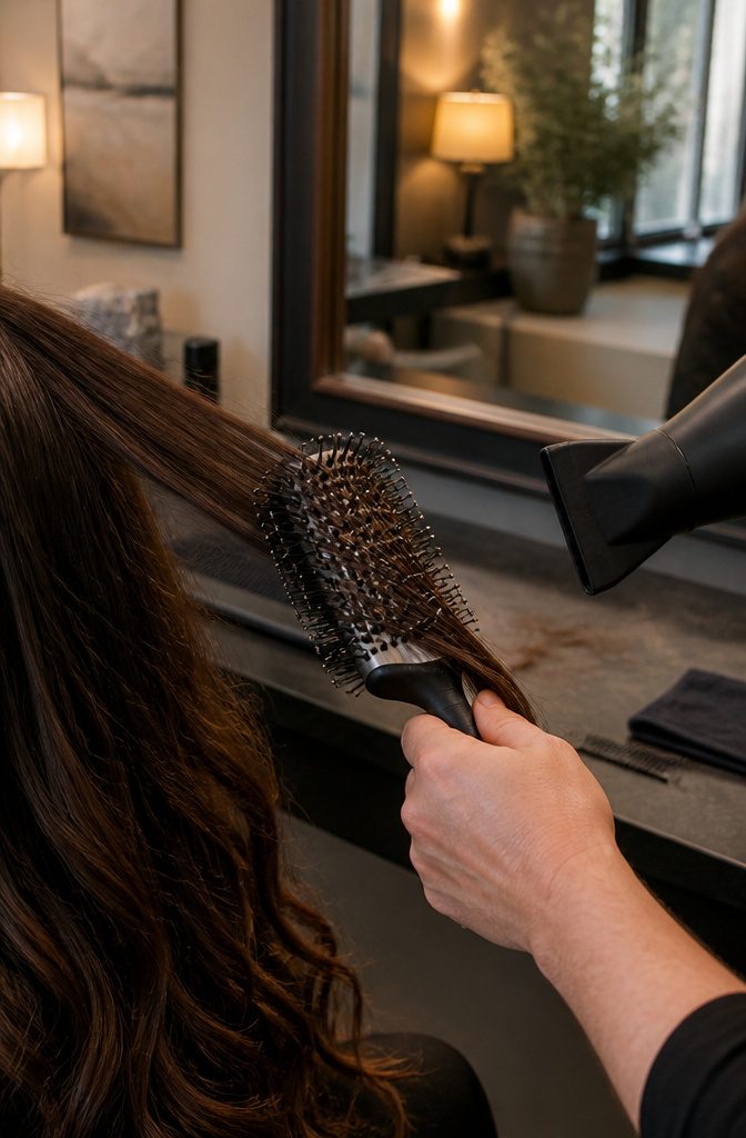 Denman brush smoothing wavy hair beneath a hair dryer