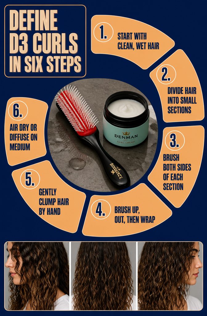 Beauty graphic with six steps for defining curls using a Denman brush