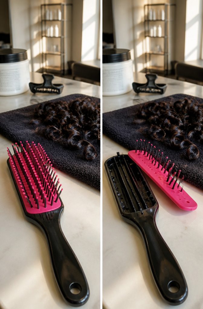 Denman brush with its pink pad lifted from the handle