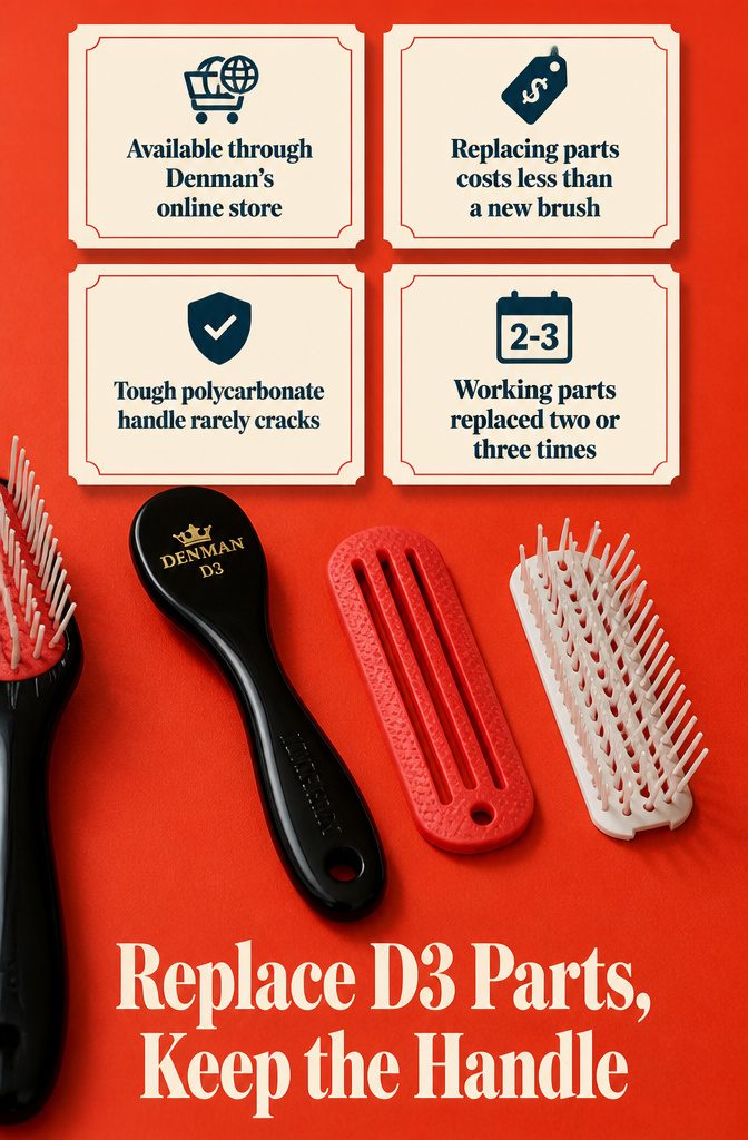 Beauty graphic showing replacement pads and pins for a Denman brush