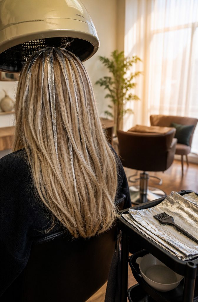Fine blonde highlights woven around a client's part hairline and ends