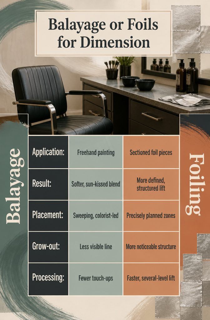 Beauty graphic comparing balayage painting with foil-wrapped hair sections