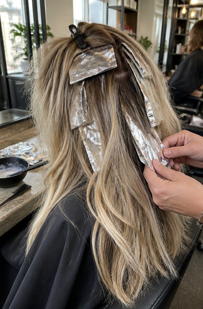 Blonde hair with hand-painted sections wrapped in foils