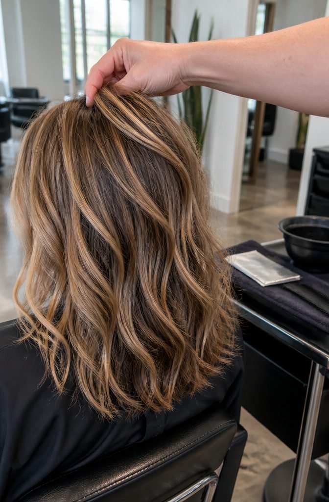 Blonde hair with light face-framing highlights and darker strands underneath