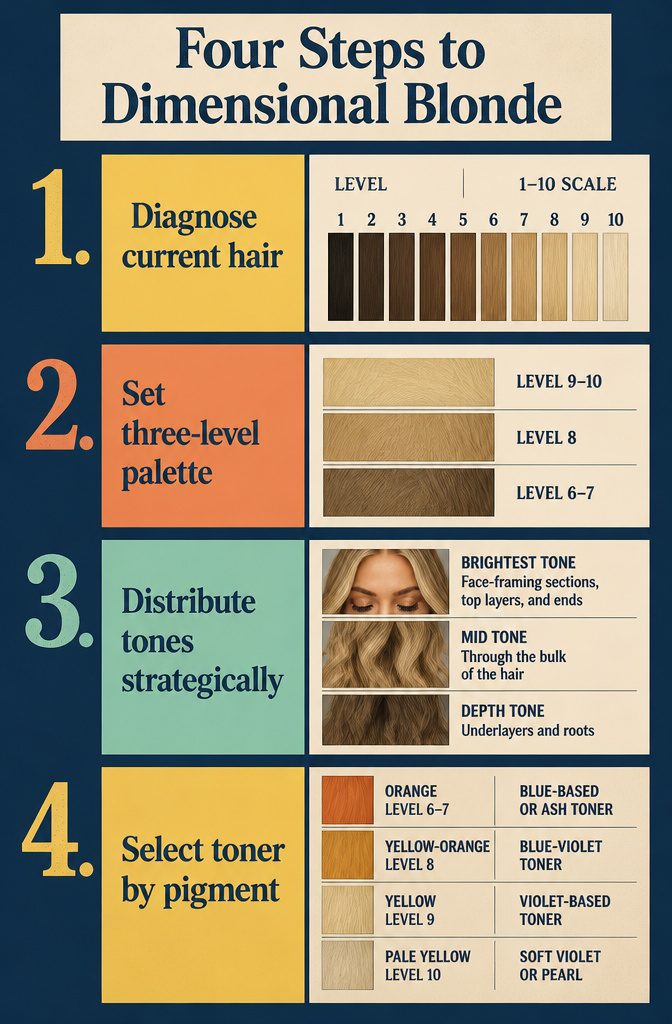Beauty graphic with four numbered steps for dimensional blonde placement