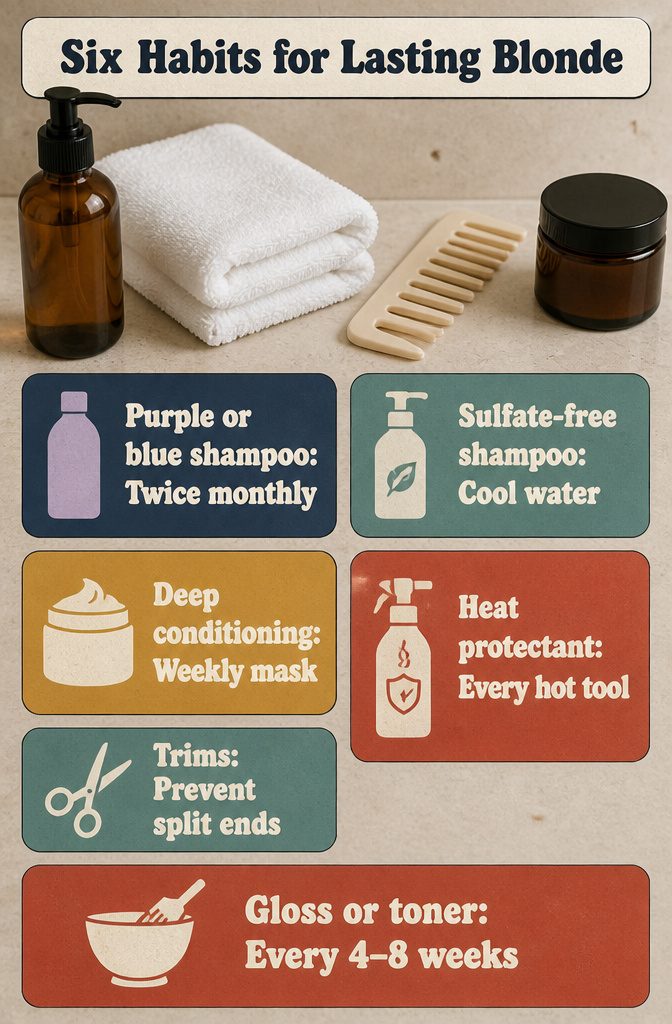 Beauty graphic listing six blonde hair care habits