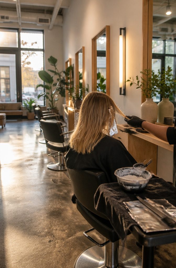 Blonde hair with a darker root fading into hand-painted lighter ends