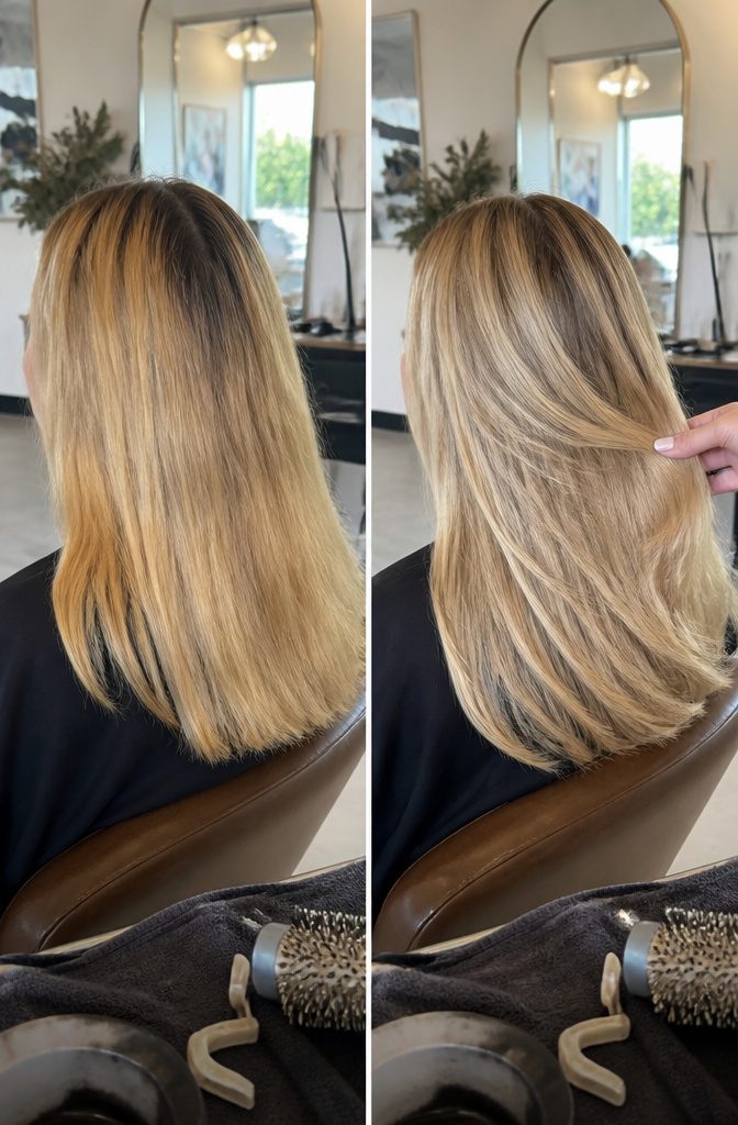 Blonde hair with layered light and dark tones catching the light