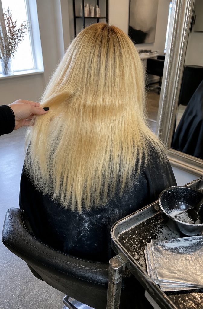 Client's blonde hair with straw-yellow ends darker roots and faint horizontal bands