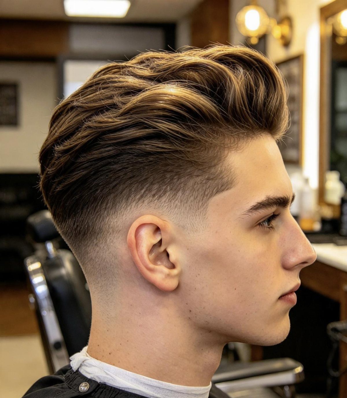 Young man with a pompadour fade haircut and swept-back brown hair in a barbershop.