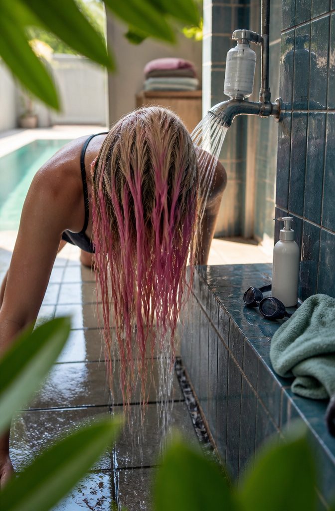 Color-treated hair beside pool water and saltwater