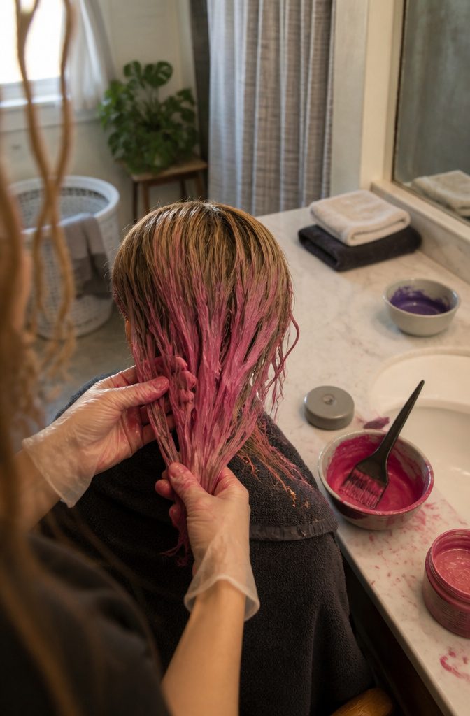 Gloved hands applying pink conditioning mixture to colored hair at a bathroom vanity