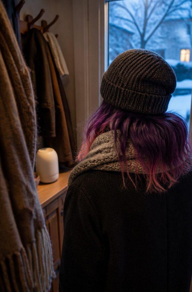 Colored hair beneath a knitted beanie against a scarf and high collar