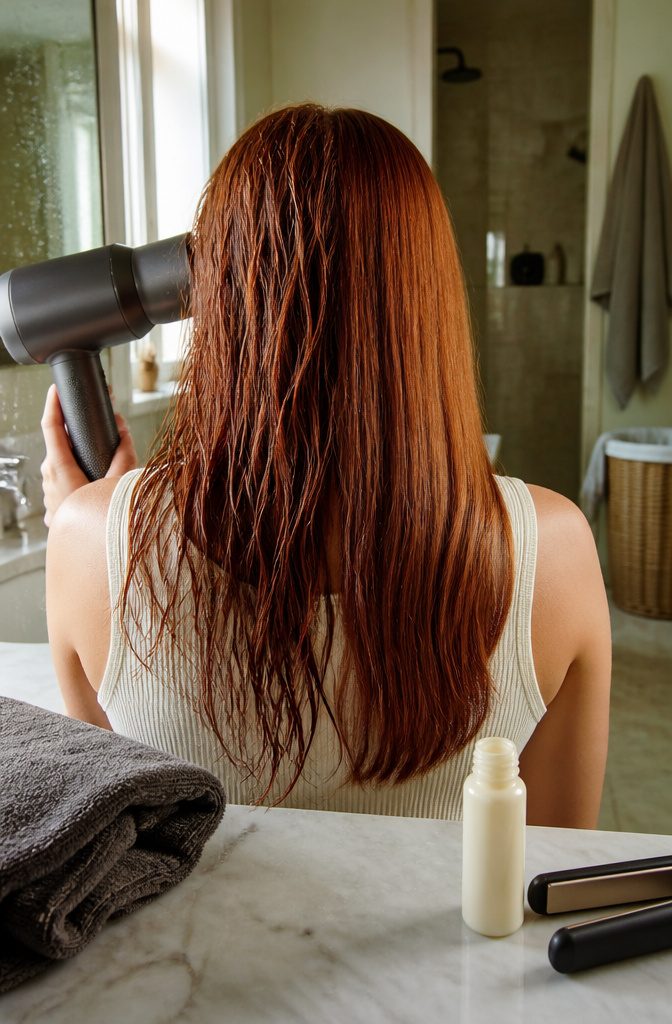Colored hair beside hot water and styling tools