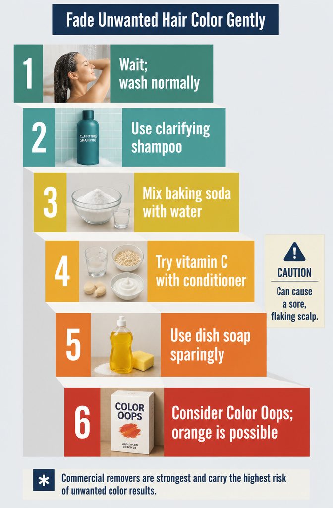 Hair color infographic listing methods for fading unwanted dye