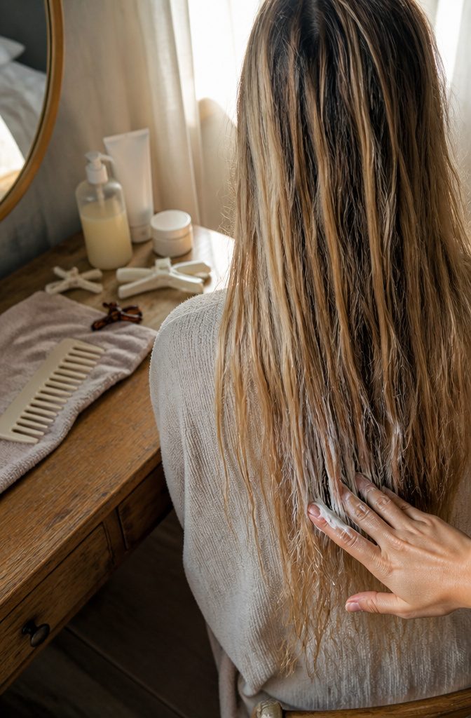 Long lightened hair with rough porous ends and smoother roots