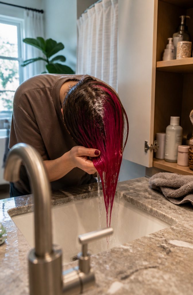 Vivid dyed hair rinsed under running water at a bathroom basin