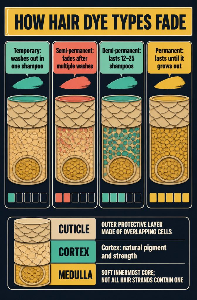 Hair dye types infographic with labels for temporary semi-permanent demi-permanent and permanent dye