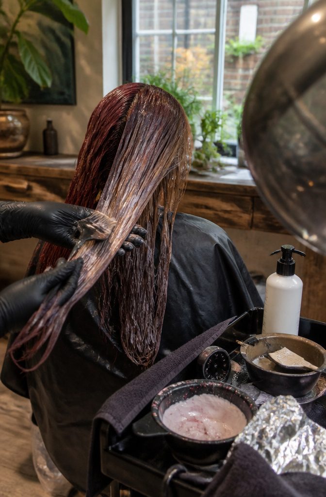 Salon colorist working on a client's burgundy hair
