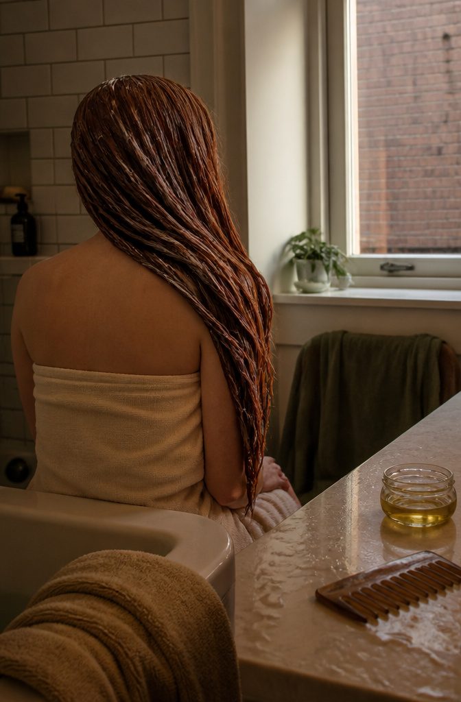 Auburn hair coated in conditioner mask over one shoulder beside a small oil jar