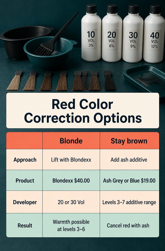 Red color correction chart with ash additives and blue-toned hair color options