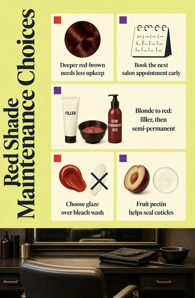 Red shade maintenance chart comparing color choices for different hair conditions