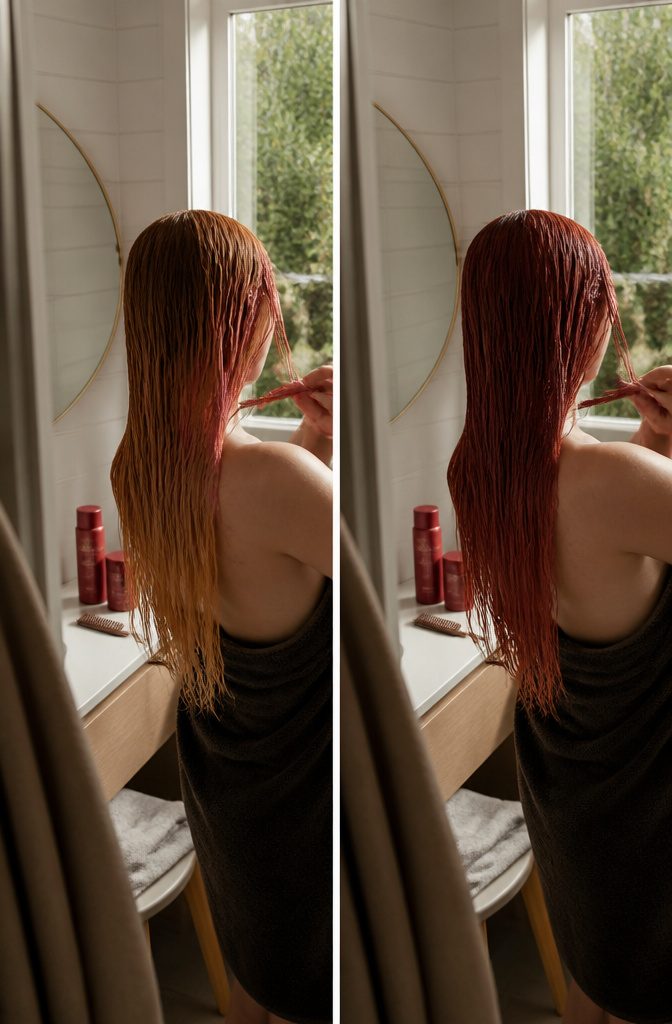 Red color-depositing mask and conditioner beside hair with copper tones