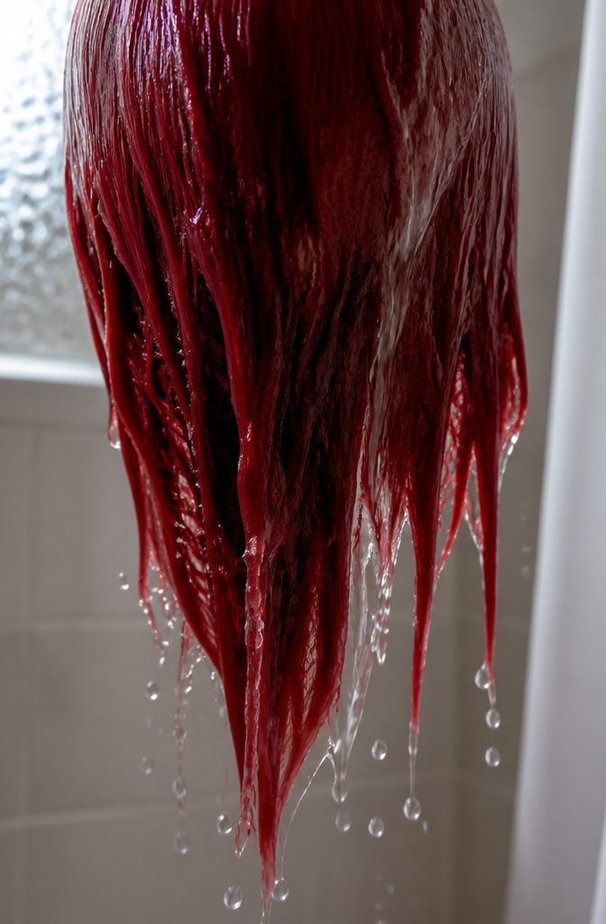Cherry-red hair rinsed with water as droplets gather at the ends