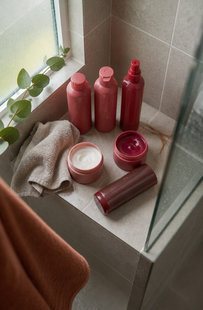 Color-safe shampoo conditioner and red-tinted dry shampoo arranged beside red hair