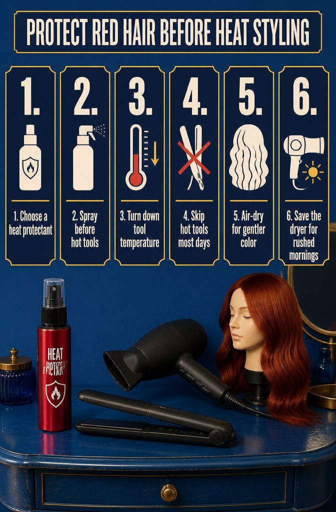 Heat protectant spray beside a flat iron and red hair styling tools