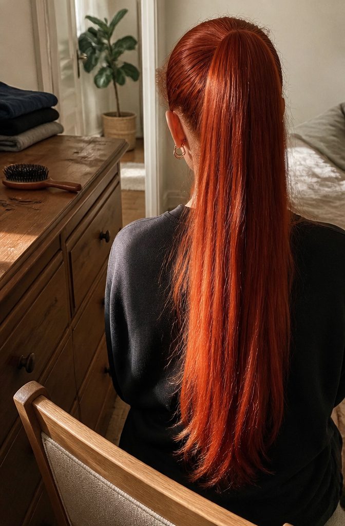Fresh red hair shown from behind before its first shampoo