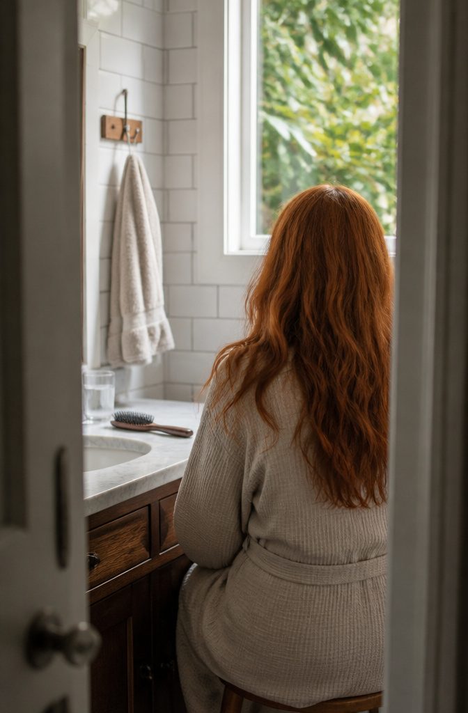 Copper-red hair with loose textured strands and visible roots at a bathroom vanity