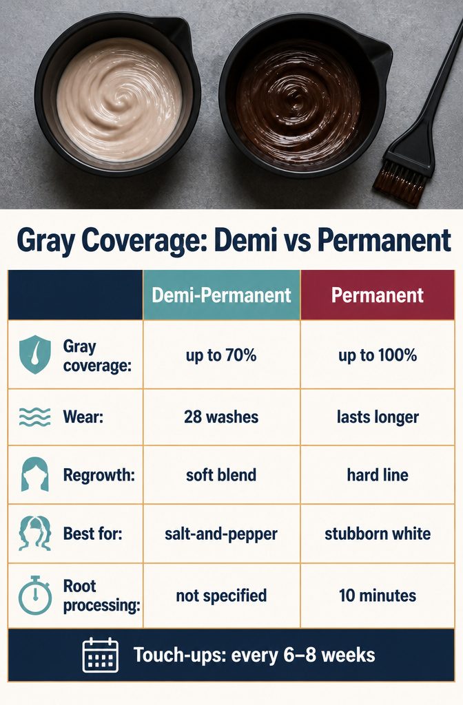 Gray hair color swatches beside demi-permanent and permanent dye