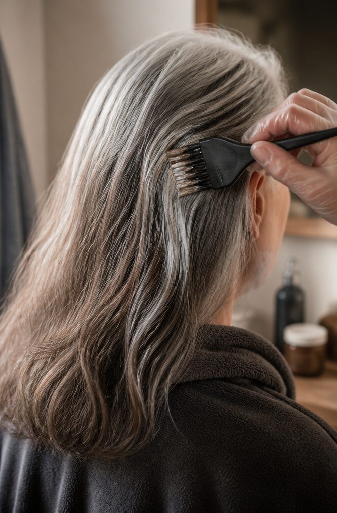 Herbal hair color products beside silver hair