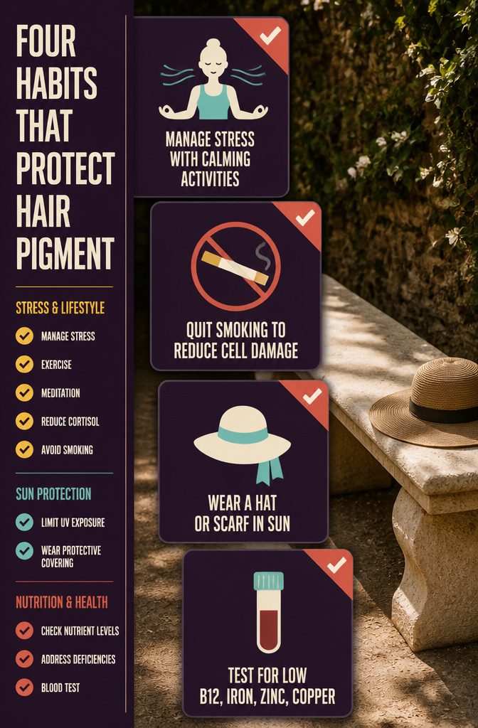 Graphic listing stress smoking UV exposure and nutrition beside hair