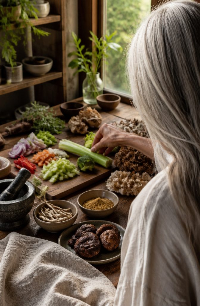 Silver-haired person beside celery broccoli carrots onions peppers and mushrooms