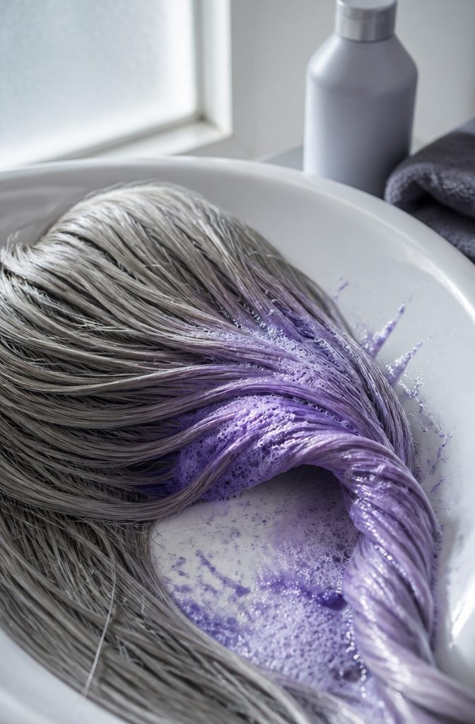 Gray hair being washed with purple shampoo