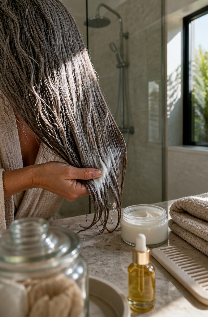 Silver-haired person applying conditioner to damp hair ends