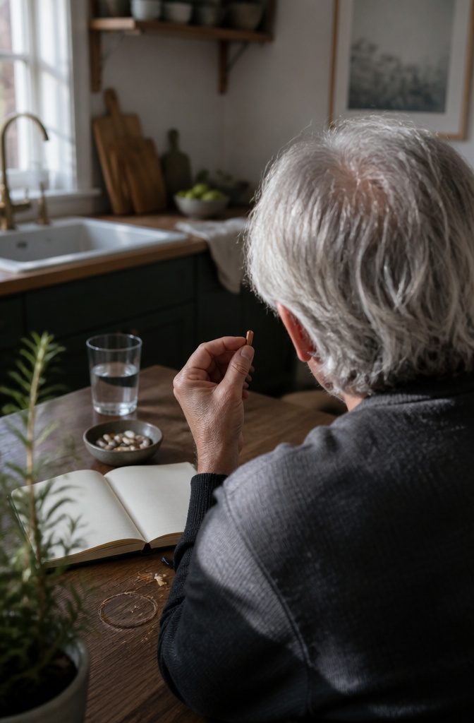 Thinning silver hair beside a glass of water and ceramic bowl