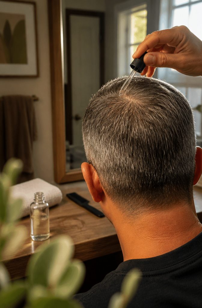 Close-cropped salt-and-pepper hair with a serum dropper at the part